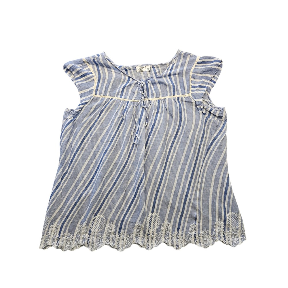 Cato Woman Blue Striped Cotton Embroidered‎ Scallop Hem Blouse 22/24W Boho Top